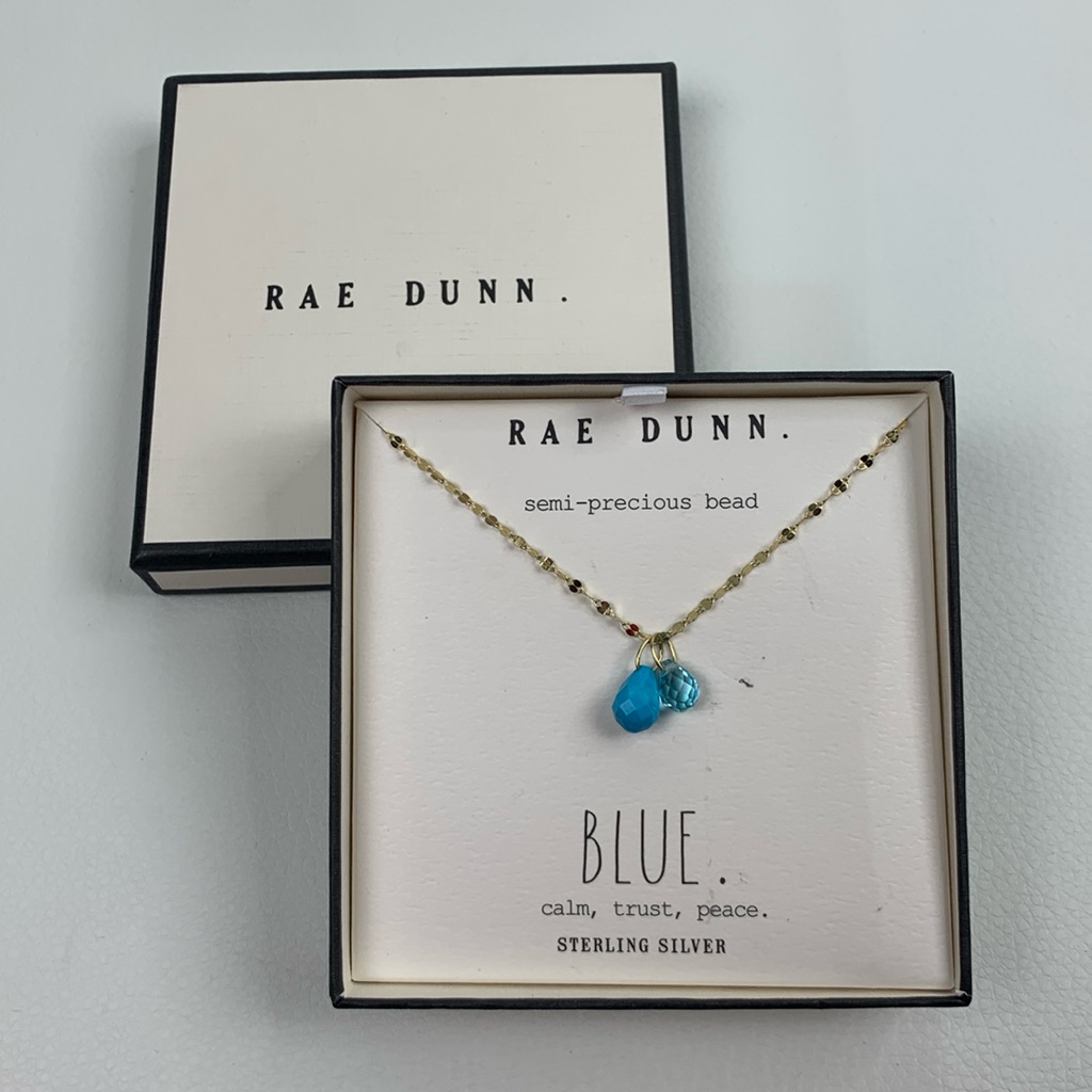 Rae Dunn Gold Necklace & Blue Semi Precious Beads Calm Trust Peace New Nwt